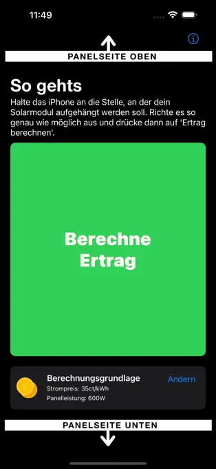 Hauptseite der Solarertrag App