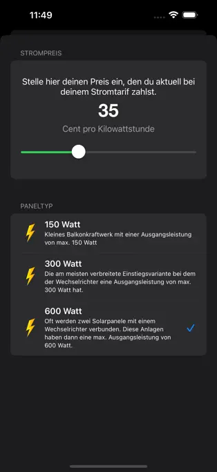 Einstellungsseite der Solarertrag App